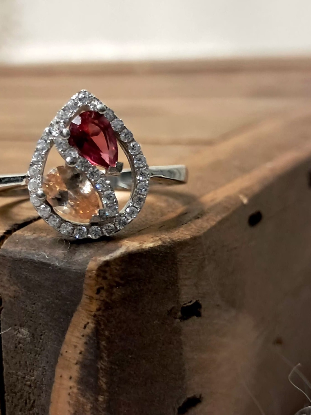 Sterling Silver Toi Et Moi Teardrop Halo Ring, Garnet And Citrine, Size 8.5